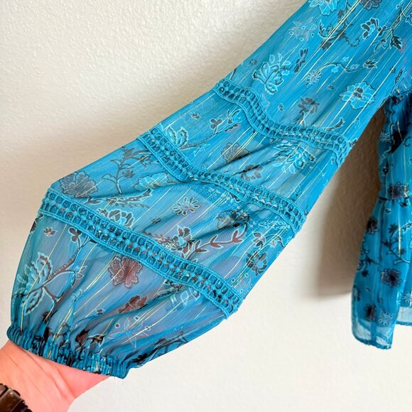 Cleobella Teal & Gold Metallic Floral Ruffle Long Sleeve Chiffon Blouse Size L - Picture 10 of 15